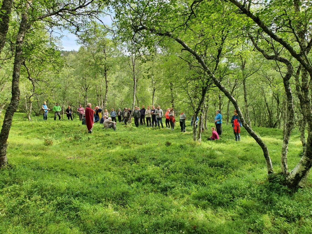 Person holder foredrag utendørs for mennesker om gamle vikinggraver. Foto