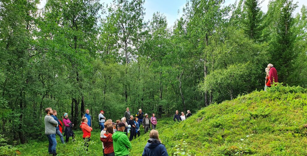 Person holder foredrag utendørs for mennesker om gamle vikinggraver. Foto