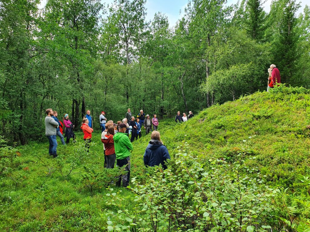 Person holder foredrag utendørs for mennesker om gamle vikinggraver. Foto