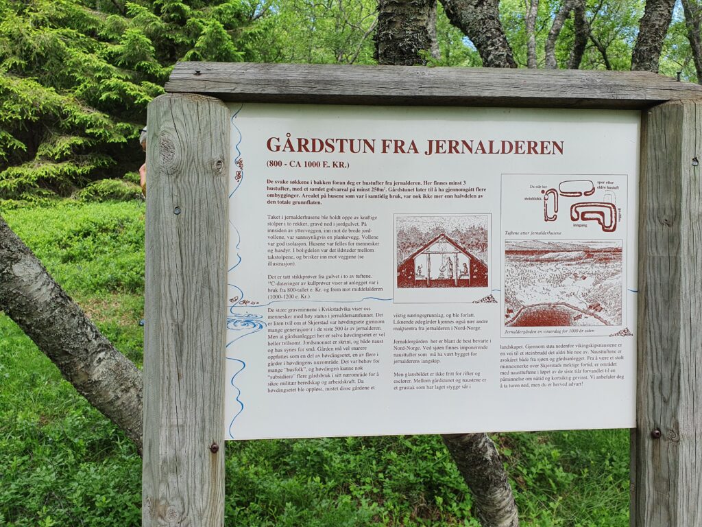 Infotavle som står på Kvikstad om gårdstun fra jernalderen. Foto